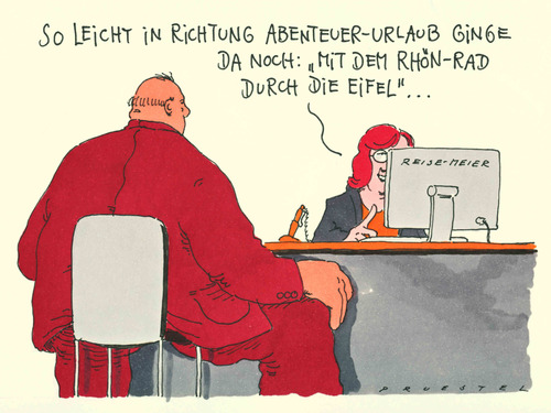 Cartoon: abenteuerurlaub (medium) by Andreas Prüstel tagged rhön,rhönrad,eifel,urlaub,reisen,abenteuerurlaub,reisebüro,rhönrad,eifel,urlaub,reisen,abenteuerurlaub,reisebüro,rhön