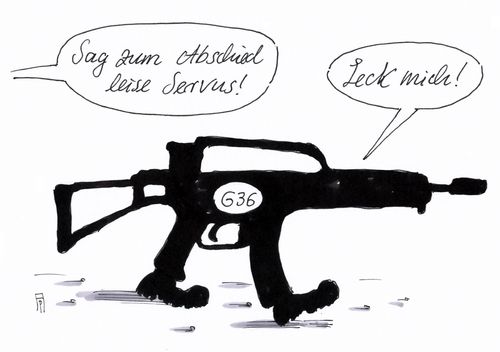 Cartoon: abschied (medium) by Andreas Prüstel tagged bundeswehr,sturmgewehr,g36,heckler,und,koch,cartoon,karikatur,andreas,pruestel,bundeswehr,sturmgewehr,g36,heckler,und,koch,cartoon,karikatur,andreas,pruestel