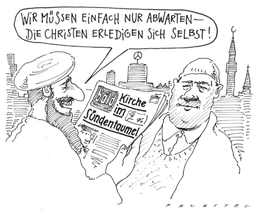 Cartoon: abwarten (medium) by Andreas Prüstel tagged kirchenskandale,islam,kirche,skandal,skandale,islam,glaube,religion,christen