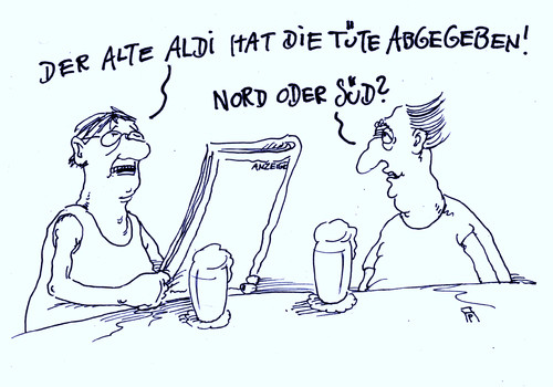 Cartoon: aldi-gründer (medium) by Andreas Prüstel tagged aldi,lebensmitteldiscounter,unternehmensgründer,tod,ableben,nord,süd,deutschland,cartoon,karikatur,andreas,pruestel,aldi,lebensmitteldiscounter,unternehmensgründer,tod,ableben,nord,süd,deutschland,cartoon,karikatur,andreas,pruestel