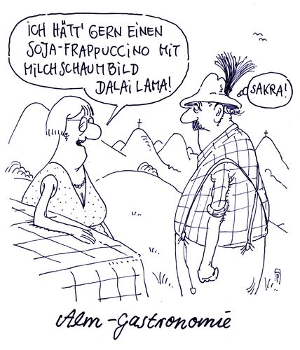 Cartoon: alm-gastronomie (medium) by Andreas Prüstel tagged bayern,alm,almgastrono9mie,wirt,bauer,gast,soja,frappuccino,milchschaumbild,dalai,lama,cartoon,karikatur,andreas,pruestel,bayern,alm,almgastrono9mie,wirt,bauer,gast,soja,frappuccino,milchschaumbild,dalai,lama,cartoon,karikatur,andreas,pruestel