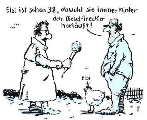 Cartoon: alte elsi (medium) by Andreas Prüstel tagged feinstaub,stickoxidgrenzwerte,dieselfahrzeuge,fahrverbote,lungenfachärzte,trecker,cartoon,karikatur,andreas,pruestel,feinstaub,stickoxidgrenzwerte,dieselfahrzeuge,fahrverbote,lungenfachärzte,trecker,cartoon,karikatur,andreas,pruestel