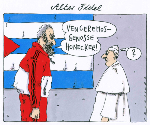 Cartoon: alter fidel (medium) by Andreas Prüstel tagged papst,papstbesuch,ratzinger,cuba,castro,honecker,venceremos,papst,papstbesuch,ratzinger,castro,honecker