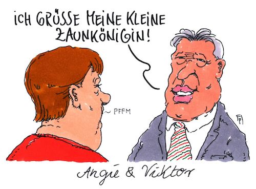 Cartoon: angie und viktor (medium) by Andreas Prüstel tagged treffen,angela,merkel,viktor,orban,ungarn,flüchtlingspolitik,zaunkönigin,cartoon,karikatur,andreas,pruestel,treffen,angela,merkel,viktor,orban,ungarn,flüchtlingspolitik,zaunkönigin,cartoon,karikatur,andreas,pruestel