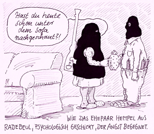 Cartoon: angsbekämpfung (medium) by Andreas Prüstel tagged islamistischer,terror,anschläge,paris,spielabsage,hannover,terrorangst,hempels,sofa,radebeul,ehepaar,sachsen,cartoon,karikatur,andreas,pruestel