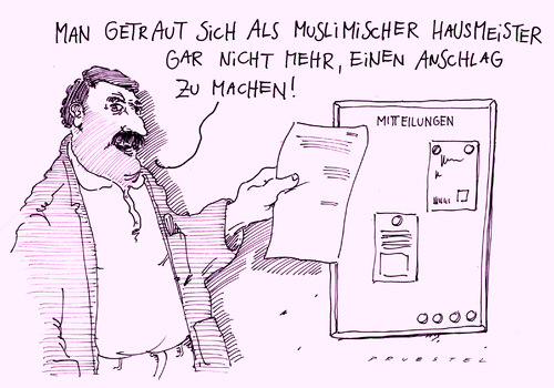 Cartoon: anschlägig   jfghfldg (medium) by Andreas Prüstel tagged islam,muslima,integration,pruestel,andreas,karikatur,cartoon,hausmeister,anschläge,integration,muslima,islam,anschläge,hausmeister,cartoon,karikatur,andreas,pruestel