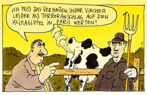 Cartoon: anschlag spezial (medium) by Andreas Prüstel tagged klimagipfel,paris,terroranschlag,landwirt,viehhaltung,kühe,abgase,cartoon,karikatur,andreas,pruestel,klimagipfel,paris,terroranschlag,landwirt,viehhaltung,kühe,abgase,cartoon,karikatur,andreas,pruestel