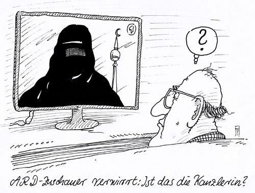 Cartoon: ard-kanzlerin (medium) by Andreas Prüstel tagged tv,ard,angela,merkel,kanzlerin,verschleierung,islam,muslima,flüchtlinge,flüchtlingszustrom,cartoon,karikatur,andreas,pruestel,tv,ard,angela,merkel,kanzlerin,verschleierung,islam,muslima,flüchtlinge,flüchtlingszustrom,cartoon,karikatur,andreas,pruestel