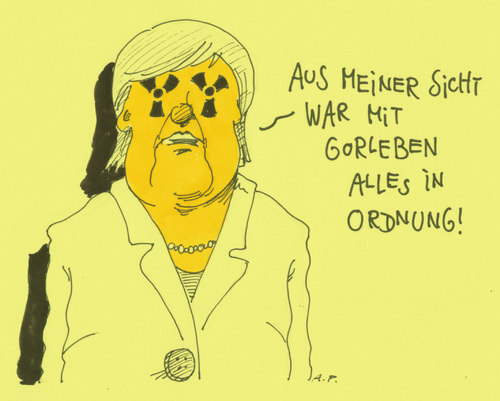 Cartoon: atom-angie (medium) by Andreas Prüstel tagged angela,merkel,kanzlerin,atommüllendlager,gorleben,salzstock,untersuchungsausschuss,angela,merkel,kanzlerin,atommüllendlager,gorleben,salzstock,untersuchungsausschuss