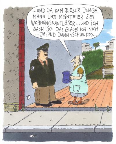 Cartoon: auflösung (medium) by Andreas Prüstel tagged wohnungsauflösung,oma,polizei,wohnungsauflösung,wohnung,wohnen,unterschlupf,obdach,obdachlos,heim,dach,haus,rentner,alter,ältere,arbeitsmarkt,altersvorsorge,altersversorgung,gebrechen,gebrechlich,großeltern,großmutter,großvater,hinterbliebenenrente,invalidenrente,lebensabend,lebensabschnitt,oma,opa,pension,pensionär,private altersversorgung,rente,heimatlos,gehen,rentenempfänger,rentenversicherung,ruhestand,versorgungsbezüge,auflösung,justiz,schulden,polizei,klage,anklage,dieb,diebe,klauen,stehlen,verbrechen,kriminalität,private