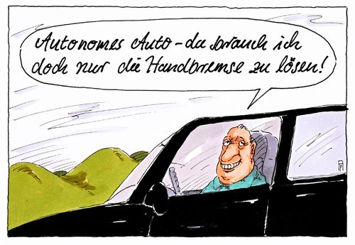 Cartoon: autonom (medium) by Andreas Prüstel tagged autonomes,auto,selbstfahrendes,handbremse,autofahrer,cartoon,karikatur,andreas,pruestel,autonomes,auto,selbstfahrendes,handbremse,autofahrer,cartoon,karikatur,andreas,pruestel