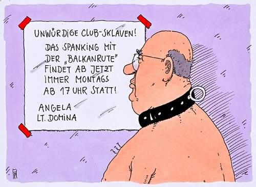 Cartoon: balkanrute (medium) by Andreas Prüstel tagged flüchtlingszustrom,balkanroute,sm,club,sklaven,domina,rute,montag,pegidaspaziergänge,fremdenfeindlichkeit,cartoon,karikatur,andreas,pruestel,flüchtlingszustrom,balkanroute,sm,club,sklaven,domina,rute,montag,pegidaspaziergänge,fremdenfeindlichkeit,cartoon,karikatur,andreas,pruestel