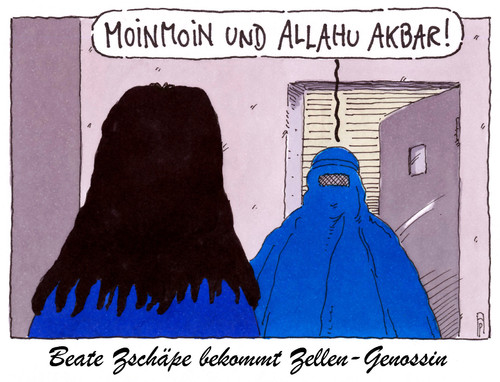 Cartoon: beate zschäpe (medium) by Andreas Prüstel tagged nsu,beate,zschäpe,knast,gefängnis,jva,gemeinschaftszelle,zellengenossin,islam,burka,moinmoin,allahu,akbar,neonazismus,rechtsradikal,cartoon,karikatur,andreas,pruestel