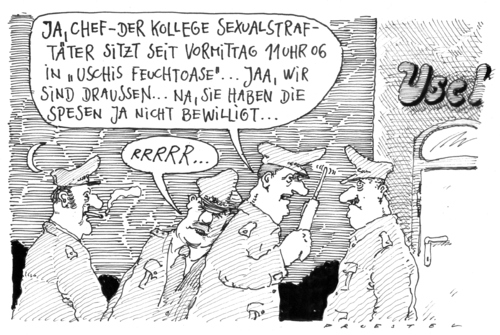 Cartoon: bei uschi (medium) by Andreas Prüstel tagged sicherungsverwahrung,sexualstraftäter,überwachung,polizei,sexualstraftäter,überwachung,polizei,sicherungsverwahrung,gewalt,verbrechen,missbrauch,mißbrauch,kriminalität