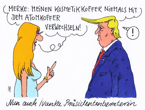 Cartoon: beraterin (medium) by Andreas Prüstel tagged usa,trump,beraterin,ivanka,atomkffer,kosmetikkoffer,cartoon,karikatur,andreas,pruestel,usa,trump,beraterin,ivanka,atomkffer,kosmetikkoffer,cartoon,karikatur,andreas,pruestel