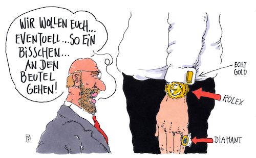 Cartoon: beutelgang (medium) by Andreas Prüstel tagged spd,wahlprogramm,steuerkonzept,reiche,martin,schulz,spitzensteuersatz,cartoon,karikatur,andreas,pruestel,spd,wahlprogramm,steuerkonzept,reiche,martin,schulz,spitzensteuersatz,cartoon,karikatur,andreas,pruestel