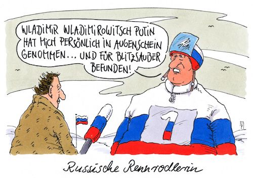 Cartoon: blitzsauber (medium) by Andreas Prüstel tagged russland,staatsdoping,olympia,rennrodeln,rennrodlerin,putin,cartoon,karikatur,andreas,pruestel,russland,staatsdoping,olympia,rennrodeln,rennrodlerin,putin,cartoon,karikatur,andreas,pruestel