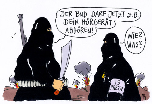 Cartoon: bnd-reform (medium) by Andreas Prüstel tagged bnd,reform,gesetz,bundestag,ausland,ausländer,überwachung,jpurnalisten,is,hörgerät,cartoon,karikatur,andreas,pruestel,bnd,reform,gesetz,bundestag,ausland,ausländer,überwachung,jpurnalisten,is,hörgerät,cartoon,karikatur,andreas,pruestel