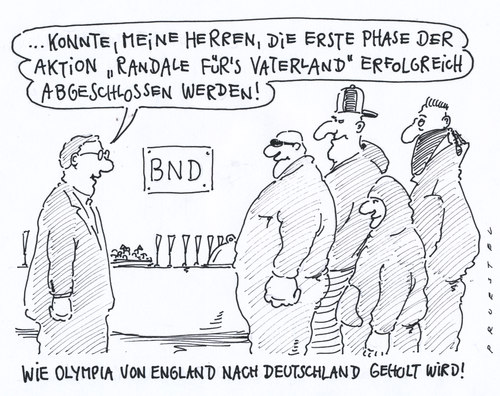 Cartoon: BND action (medium) by Andreas Prüstel tagged deutschland,bnd,olympia,krawalle,england,london,london,england,krawalle,olympia,bnd,deutschland