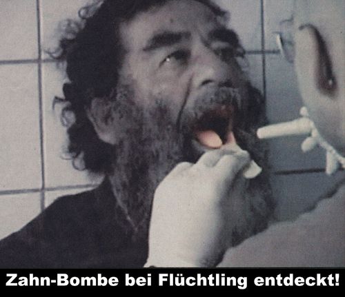 Cartoon: bombe spezial (medium) by Andreas Prüstel tagged islamismus,islam,flüchtlinge,anschläge,zahnbombe,saddam,hussein,cartoon,collage,andreas,pruestel