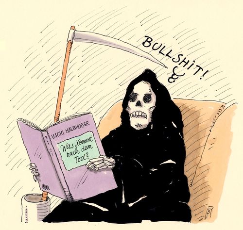 Cartoon: bullshit (medium) by Andreas Prüstel tagged tod,sterben,zukunft,fachliteratur,bullshit,cartoon,karikatur,tod,sterben,zukunft,fachliteratur,bullshit,cartoon,karikatur