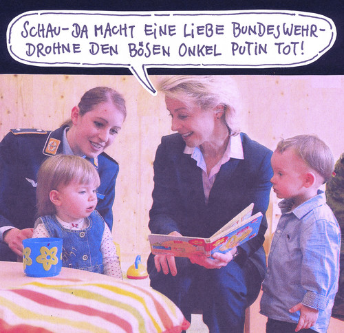 Cartoon: bundeswehr-kita (medium) by Andreas Prüstel tagged bundeswehr,von,der,leyen,kita,putin,drohne,cartoon,collage,andreas,pruestel