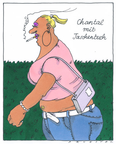 Cartoon: chantal (medium) by Andreas Prüstel tagged taschenbuch,lesen,handtasche,jugend,bildungsferne,taschenbuch,handtasche,lesen,jugend,bildungsferne,literatur,fashion,mode,buch,bücher,bildung
