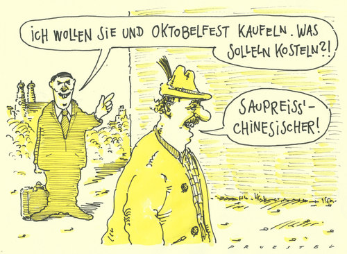 Cartoon: china kommt (medium) by Andreas Prüstel tagged eurokrise,china,investitionen,münchen,bayern,oktoberfest,eurokrise,china,investitionen,münchen,bayern,oktoberfest