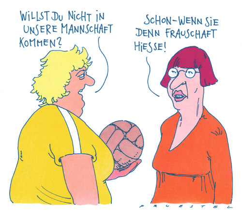 Cartoon: damensport (medium) by Andreas Prüstel tagged frauen,frauensport,mannschft,emanzipation,feminismus,ballsport,frauen,frauensport,mannschft,emanzipation,feminismus,ballsport