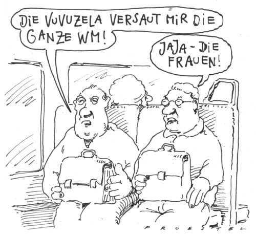 Cartoon: dauerfrust (medium) by Andreas Prüstel tagged fußballweltmeisterschaft,vuvuzelatröten,geräuschpegel,fußballweltmeisterschaft,vuvuzelatröten,vuvuzela,fußball,fussball,sport,wm,weltmeisterschaft,2010,afrika,krach,fans,lärm,kultur