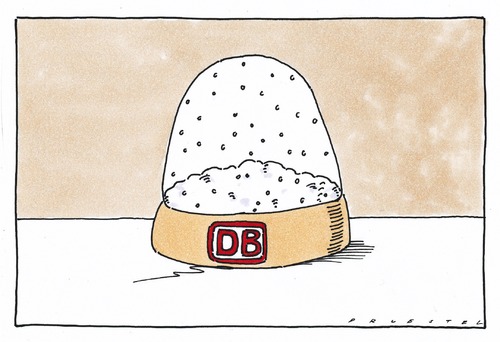 Cartoon: Deutsche Bahn (medium) by Andreas Prüstel tagged deutschebahn,winter,schnee,chaos,verspätungen,unfähigkeit,bahn,sparen,ausfälle,wetter,kälte,hitze,klimaanlage,db,deutsche bahn,chaos,verkehr,deutsche