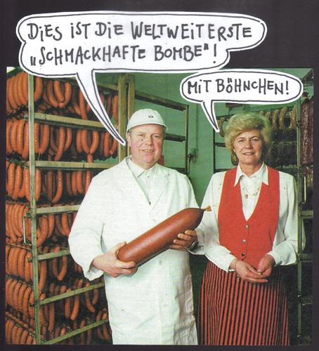 Cartoon: deutsche innovation (medium) by Andreas Prüstel tagged wurst,fleischerhandwerk,rüstung,bombe,innovation