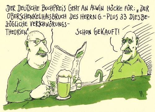 Cartoon: deutscher buchpreis (medium) by Andreas Prüstel tagged frankfurter,buchmesse,deutscher,buchpreis,oberschenkelhalsbruch,verschwörungstheorien,cartoon,karikatur,andreas,pruestel,frankfurter,buchmesse,deutscher,buchpreis,oberschenkelhalsbruch,verschwörungstheorien,cartoon,karikatur,andreas,pruestel