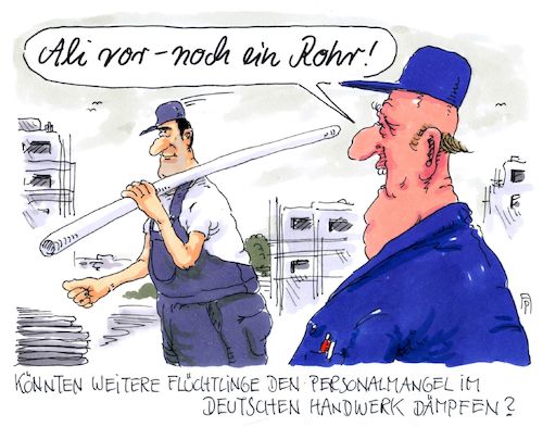 Cartoon: deutsches handwerk (medium) by Andreas Prüstel tagged weitere,flüchtlinge,integration,jobs,deutsches,handwerk,bauwesen,cartoon,karikatur,andreas,pruestel,weitere,flüchtlinge,integration,jobs,deutsches,handwerk,bauwesen,cartoon,karikatur,andreas,pruestel