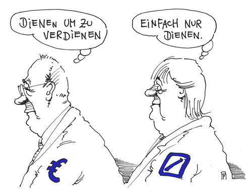 Cartoon: diener (medium) by Andreas Prüstel tagged bankenbüttel,merkel,steinbrück,verdienst,kanzlerbezüge,kanzlerbezüge,verdienst,steinbrück,merkel,bankenbüttel