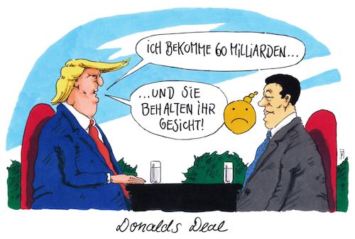 Cartoon: donalds deal (medium) by Andreas Prüstel tagged usa,china,trump,xi,jinping,strafzölle,stahl,handelskrieg,cartoon,karikatur,andreas,pruestel,usa,china,trump,xi,jinping,strafzölle,stahl,handelskrieg,cartoon,karikatur,andreas,pruestel