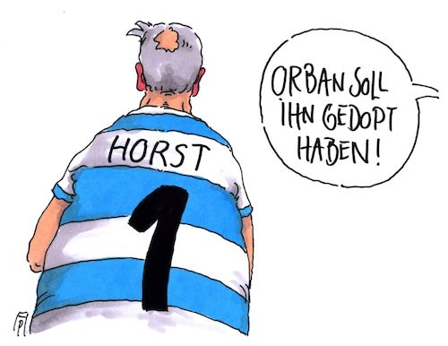 Cartoon: dopehorst (medium) by Andreas Prüstel tagged regierungskrise,csu,cdu,seehofer,asylstreit,grenzkontrollen,ungarn,viktor,orban,doping,cartoon,karikatur,andreas,pruestel,regierungskrise,csu,cdu,seehofer,asylstreit,grenzkontrollen,ungarn,viktor,orban,doping,cartoon,karikatur,andreas,pruestel