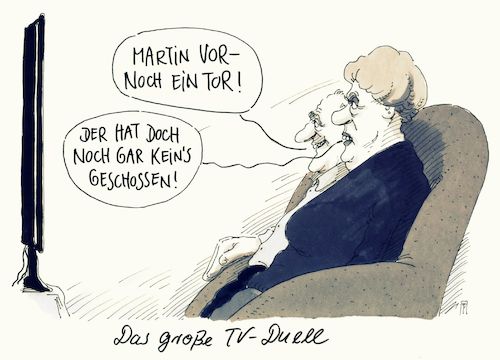 Cartoon: duell (medium) by Andreas Prüstel tagged tv,duell,bundestagswahl,merkel,schulz,cartoon,karikatur,andreas,pruestel,tv,duell,bundestagswahl,merkel,schulz,cartoon,karikatur,andreas,pruestel