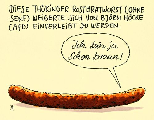 Cartoon: einverleibung (medium) by Andreas Prüstel tagged thüringen,thüringer,rostbratwurst,björn,höcke,afd,fremdenhass,fremdenfeindlichkeit,nationalismus,rechtsradikal,einverleibung,verweigerung,flüchtlingszustrom,cartoon,karikatur,andreas,pruestel,thüringen,thüringer,rostbratwurst,björn,höcke,afd,fremdenhass,fremdenfeindlichkeit,nationalismus,rechtsradikal,einverleibung,verweigerung,flüchtlingszustrom,cartoon,karikatur,andreas,pruestel