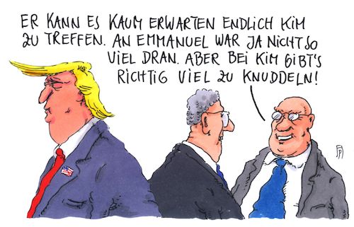 Cartoon: erwartungsfroh (medium) by Andreas Prüstel tagged usa,trump,nordkorea,kim,jong,un,treffen,emmanuel,macron,knuddeln,cartoon,karikatur,andreas,pruestel,usa,trump,nordkorea,kim,jong,un,treffen,emmanuel,macron,knuddeln,cartoon,karikatur,andreas,pruestel