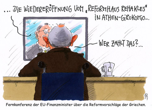 Cartoon: eu-finanzminister (medium) by Andreas Prüstel tagged eu,finanzminister,telefonkonferenz,fernkonferenz,griechenland,reformvorschläge,neue,finanzhilfen,reformen,reformhaus,rehakles,otto,rehhagel,fußballnationalmannschaft,europameister,athen,wolfgang,schäuble,cartoon,karikatur,andreas,pruestel,eu,finanzminister,telefonkonferenz,fernkonferenz,griechenland,reformvorschläge,neue,finanzhilfen,reformen,reformhaus,rehakles,otto,rehhagel,fußballnationalmannschaft,europameister,athen,wolfgang,schäuble,cartoon,karikatur,andreas,pruestel