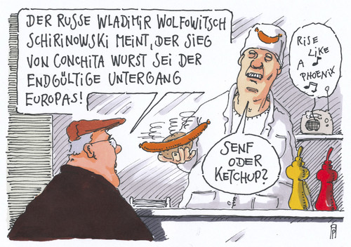 Cartoon: europawurst (medium) by Andreas Prüstel tagged travestie,homosexuallität,schwul,österreich,siegertitel,ketchup,senf,contest,song,eurovision,europa,imbiss,wurst,conchita,homophobie,russland,schirinowski,toleranz,cartoon,karikatur,andreas,pruestel,eurovision,song,contest,conchita,wurst,siegersong,europa,russland,schirinowski,senf,ketchup,imbiss,cartoon,karikatur,andreas,pruestel