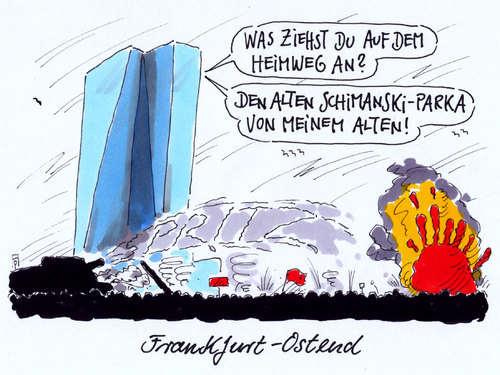 Cartoon: ezb frankfurt (medium) by Andreas Prüstel tagged ezb,frankfurt,euro,proteste,blockupy,banker,schimanski,götz,george,parka,cartoon,karikatur,andreas,pruestel,ezb,frankfurt,euro,proteste,blockupy,banker,schimanski,götz,george,parka,cartoon,karikatur,andreas,pruestel