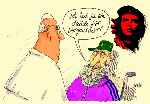 Cartoon: faible (medium) by Andreas Prüstel tagged papstbesuch,cuba,franziskus,fidel,castro,che,argentinier,argentinien,cart5oon,karikatur,andreas,pruestel,papstbesuch,cuba,franziskus,fidel,castro,che,argentinier,argentinien,cart5oon,karikatur,andreas,pruestel