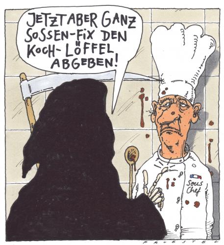 Cartoon: fix (medium) by Andreas Prüstel tagged koch,tod,sosse,soßenfix,küche,gastronomie,koch,chefkoch,kochen,tod,soße,essen,nahrung,ernährung,soßen,sterben,sensenmann,leben,jenseits,zeit,druck,gesundheit,löffel,sprichwort