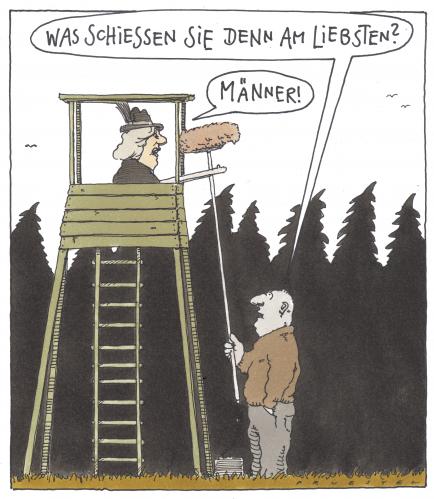 Cartoon: frau jägerin (medium) by Andreas Prüstel tagged jagd,interview,cartoon,mann,männer,frau,frauen,erschießen,schießen,gewehr,waffe,gewalt,mord,tod,tot,sterben,jagd,wild,opfer,jäger,jagen,wald,interview,job,arbeit,hass