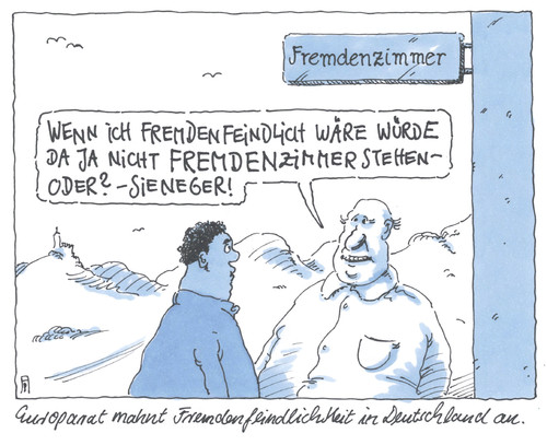 Cartoon: fremdenfeindlichkeit (medium) by Andreas Prüstel tagged europarat,deutschland,fremdenfeindlichkeit,rassismus,fremdenzimmer,cartoon,karikatur,andreas,pruestel,europarat,deutschland,fremdenfeindlichkeit,rassismus,fremdenzimmer,cartoon,karikatur,andreas,pruestel