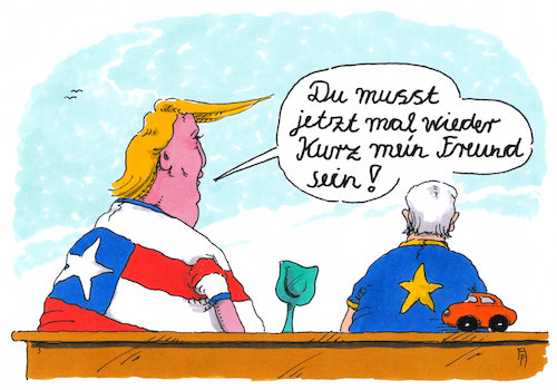 Cartoon: freunde (medium) by Andreas Prüstel tagged handelspolitik,zölle,usa,europa,eu,trump,juncker,cartoon,karikatur,andreas,pruestel,handelspolitik,zölle,usa,europa,eu,trump,juncker,cartoon,karikatur,andreas,pruestel