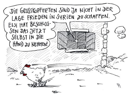 Cartoon: friedensstifterin (medium) by Andreas Prüstel tagged syrien,krieg,eskalation,großmächte,diplomatie,huhn,cartoon,karikatur,andreas,pruestel,syrien,krieg,eskalation,großmächte,diplomatie,huhn,cartoon,karikatur,andreas,pruestel