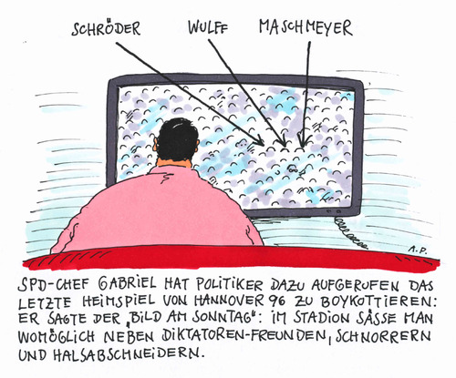 Cartoon: fußball-boykott (medium) by Andreas Prüstel tagged fußball,bundesliga,emboykott,gabriel,schröder,wulff,maschmeyer,hannover,fußball,bundesliga,emboykott,schröder,wulff,maschmeyer,hannover